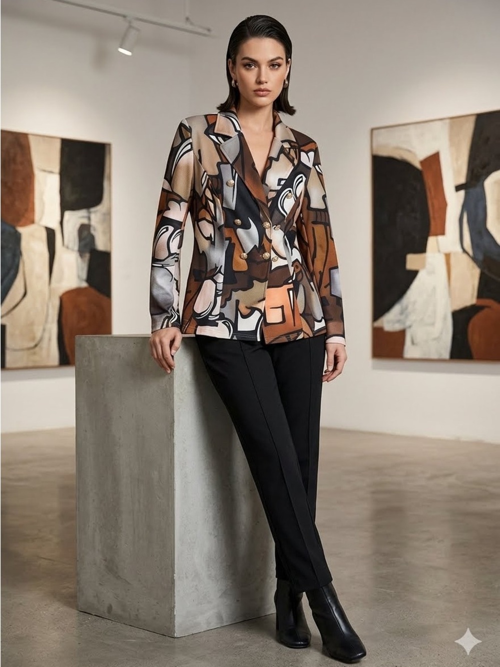 SHEIN Women's Abstract Graphic Print Blazer Jacket Button Front Earth Tone - Picture 3 of 16